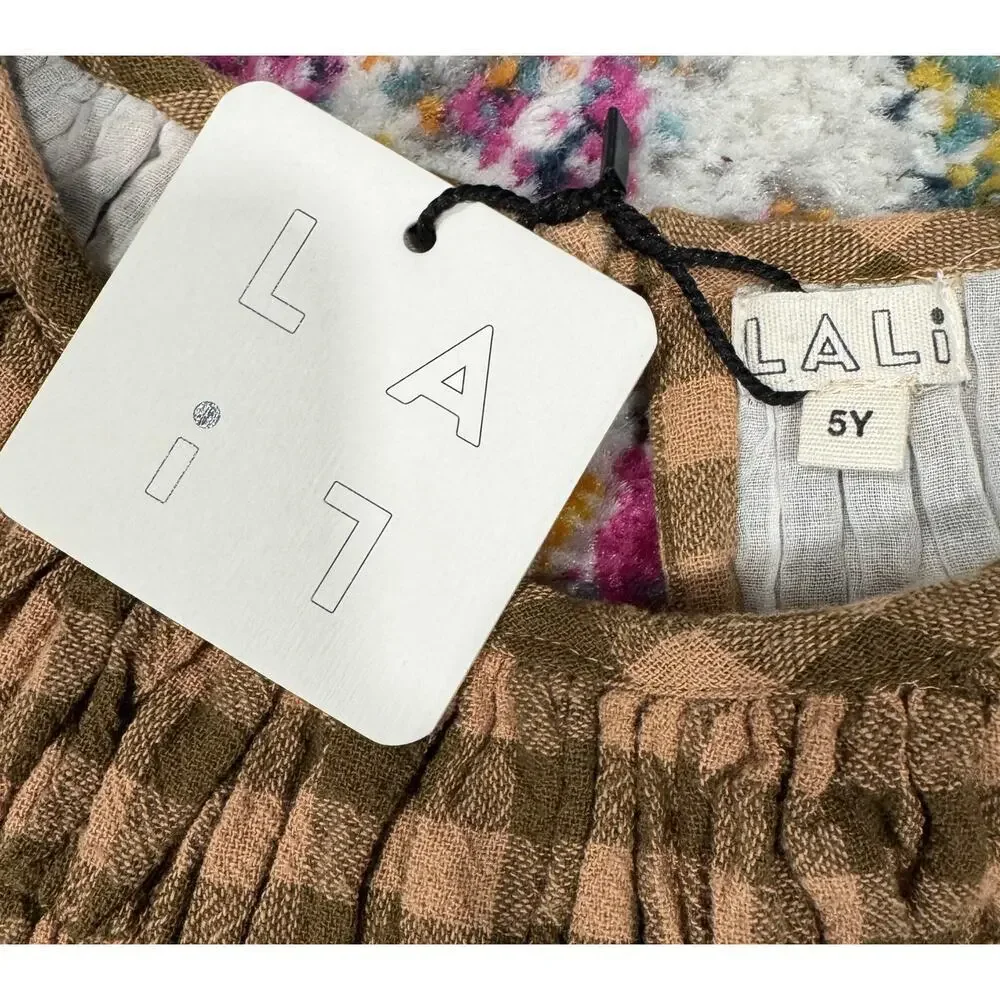 NWT LALi Plaid Checkered Embroidered Ruched Tulip Dress Kids Size 5
